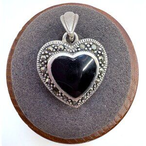 VTG Sterling Silver 925 Black Onyx & Marcasite Heart Pendant Size 1" Length